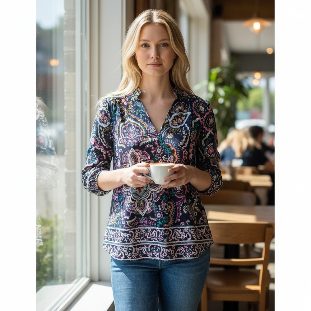 Crown & Ivy 2X Navy Blue Paisley Split V-Neck Long Sleeve Top Ballon Sleeve